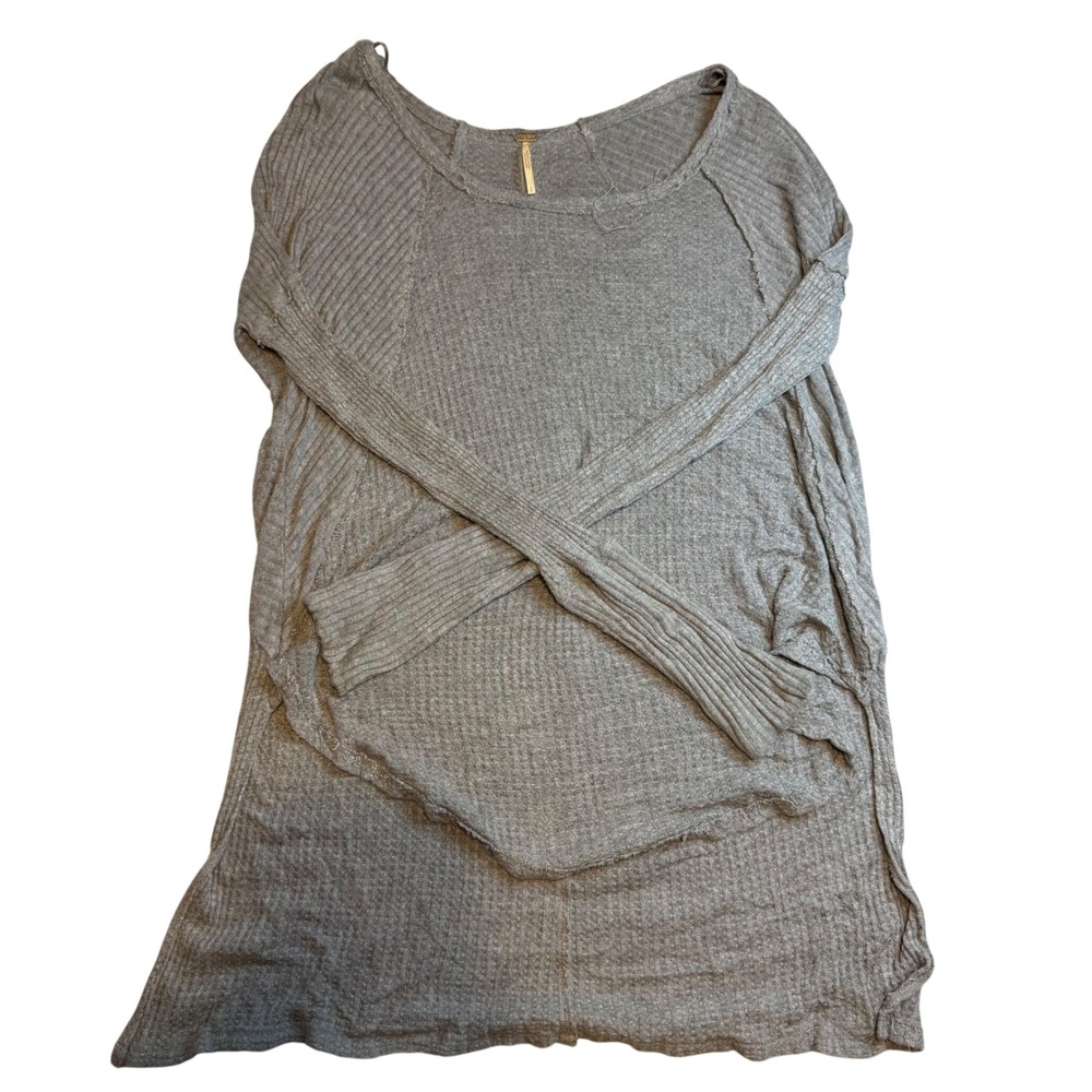 Free People Grey Waffle Knit Thermal Long Sleeve‎ Top Oversized Boho Small
